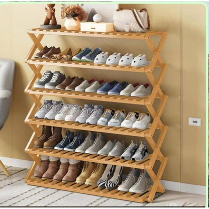 Multi-tier bamboo folding wooden shoe rack