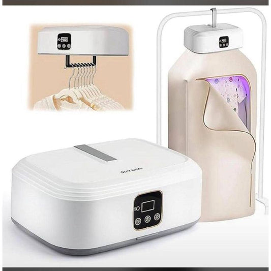 portable electric clothes dryer, specifically showing both a compact, box-like unit and a larger, collapsible drying cabinet. Multcolour