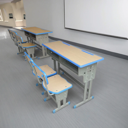 Double Student Desk and Chair Set with Storage Compartment
