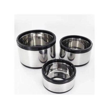 Three insulated stainless steel hot pots (casseroles)