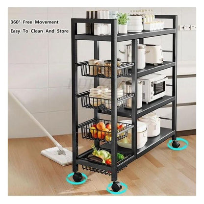 Kitchen Rack Organizer with Wheels Waterproof & Rustproof Shelf Vegetable Basket + Kitchen Machine Multi Layer Kitchen Sundries Storage Snack Rack Bookshelf - Black