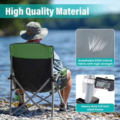 High Back Folding Camping Chair with Side Storage Pocket - Green/Black