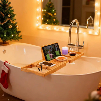 Expandable bamboo bathtub caddy tray